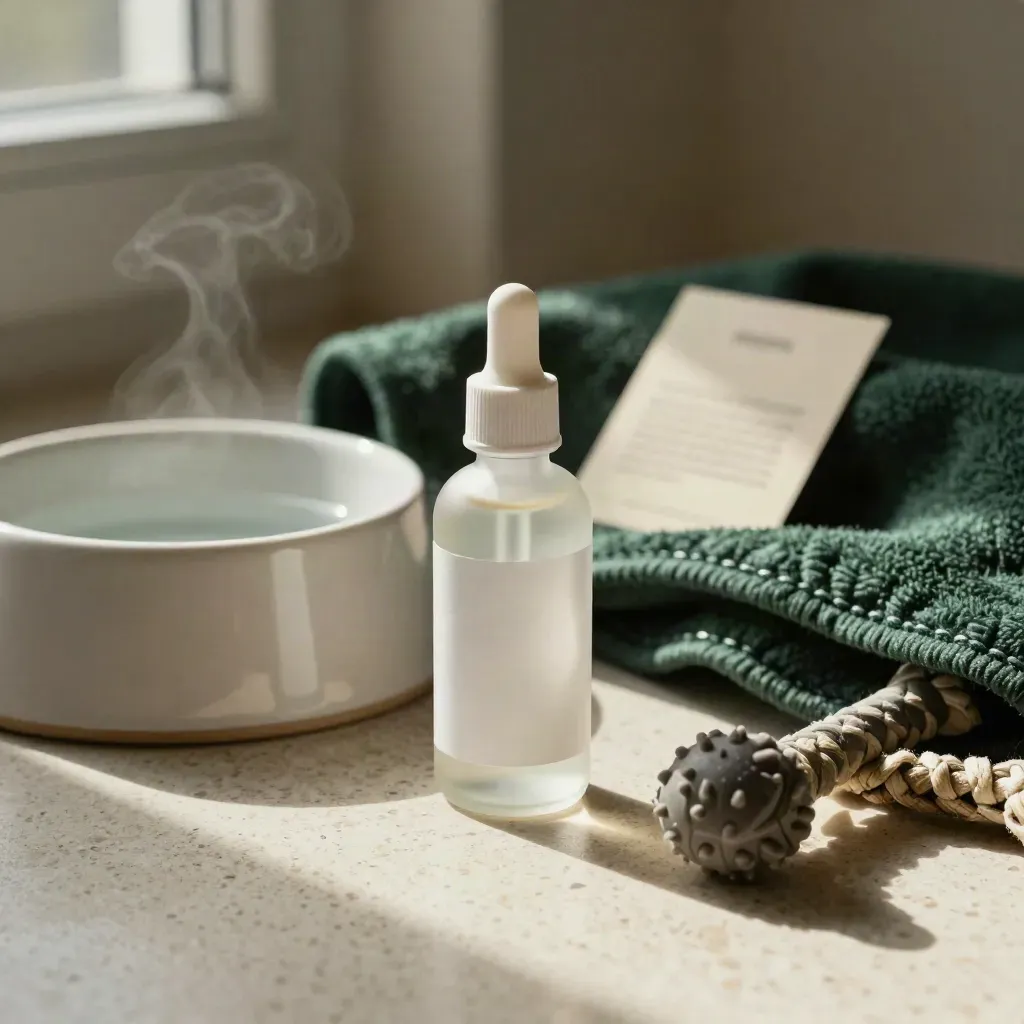 Pet tincture bottle beside a ceramic water bowl, folded blanket, and chew toy on a travertine floor