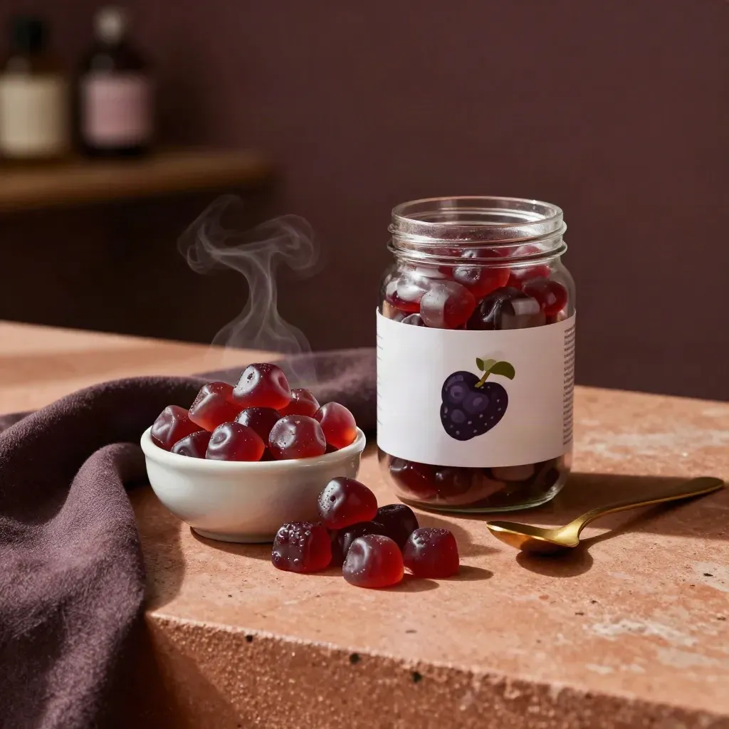 Berry gummy jar and tasting bowl on terracotta stone with spoon and cloth