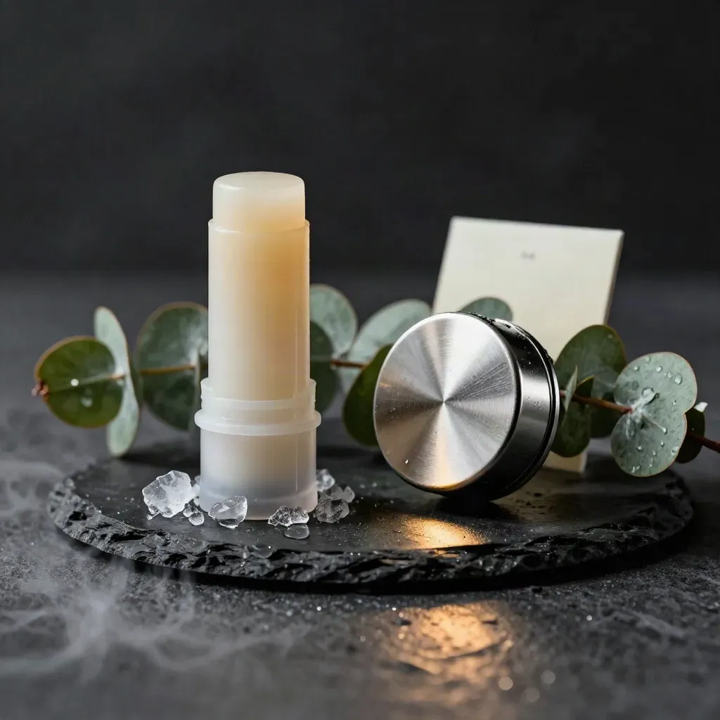 Cooling balm stick with eucalyptus and a metal puck on dark stone, lit dramatically with mist.